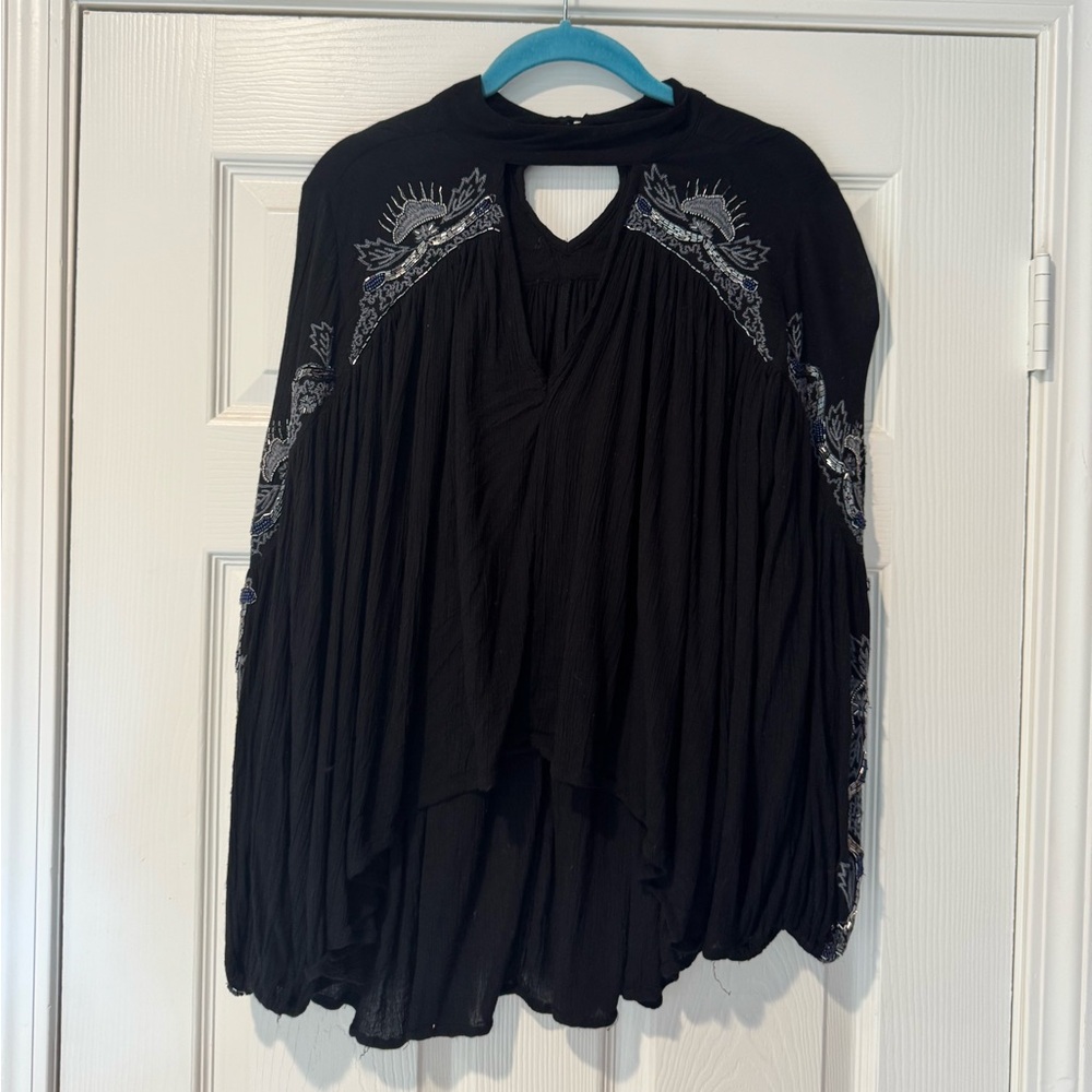 Free People Black Blouse with Silver Embroidery